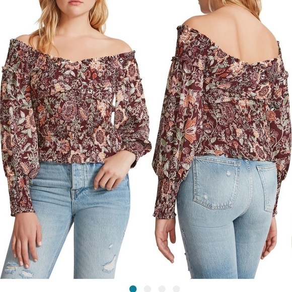 Bb Dakota by Steve Madden Helena Smocked Floral Off the Shoulder Top - Picture 1 of 5